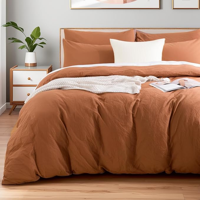 NEXHOME PRO Duvet Cover Set 100% Washed Cotton Oversized King 120"x98" Linen Feel Textured Organic Natural 3 Pieces Bedding Set Terracotta Burnt Orange with Zipper Closure Breathable(No Comforter)