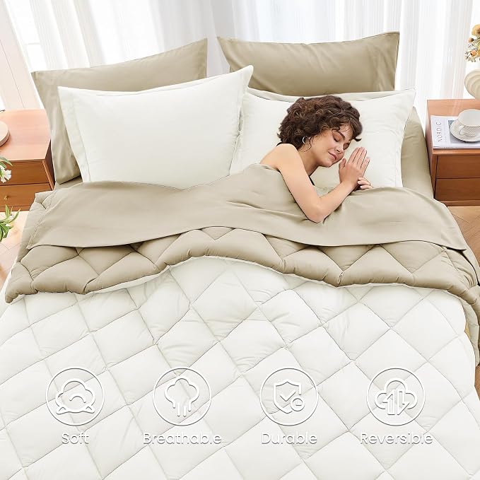 7 Pieces Queen Comforter Set, Reversible Bed in a Bag Queen Size, All Season Bedding Set with Comforter, Flat Sheet, Fitted Sheet, Pillowcases & Shams, Ivory & Khaki