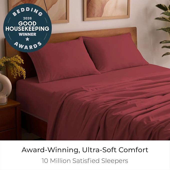 Mellanni Iconic 4-Piece, Ultra Soft Sheet Set (Full, Brick Red) | 10M+ Sleepers. Lab-tested: Sleeps Cool, Stays Bright, Strong, Smooth. Good Housekeeping Best Bedding, 7 yrs running.