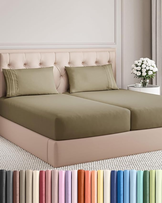 Split King Size 5 Piece Sheet Set - Breathable & Cooling Sheets - Khaki | Hotel Luxury Bed Sheets for Women & Men, Deep Pockets, Easy-Fit, Comfy, Soft and Wrinkle Free Sheets, Oeko-Tex Bed Sheet Set