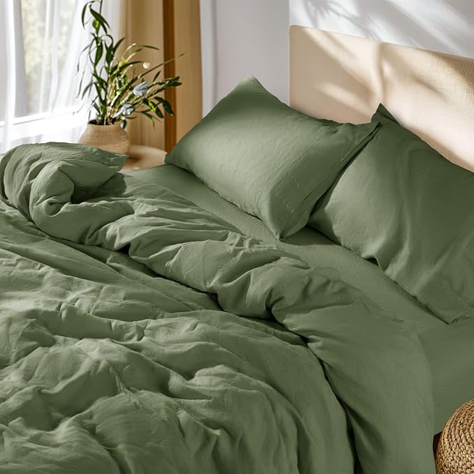 SONORO KATE 100% French Linen Queen Duvet Cover Set,Zipper Closure,3PC | Natural French Flax,Soft Breathable for Hot Sleepers,Moisture Wicking & Durable,4 Corner Ties,Olive Green
