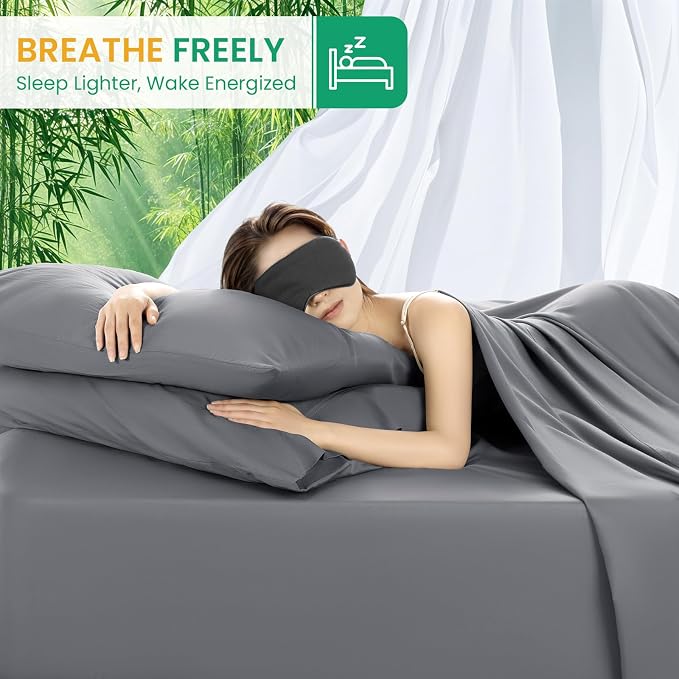 SONORO KATE 100% Viscose Derived from Bamboo_Sheets King Size,4PC | Cooling Bed Sheets for Hot Sleepers,Soft Breathable & Silky,16" Deep Pocket,Luxury Hotel Bedding,Grey