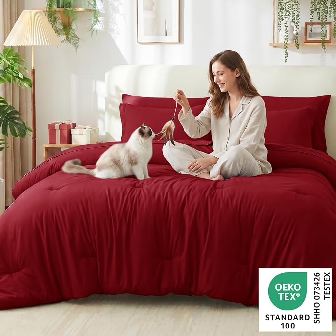 Full Size Comforter Set Dark Red, 7 Pieces Bed in a Bag | OEKO-TEX Certified, All-Season, Bedroom, 240GSM Down Alternative Comforter, Flat & Fitted Sheets, 2 Pillowcases & 2 Shams