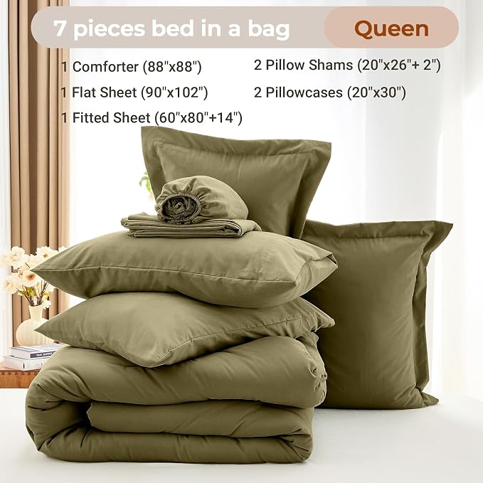 7 Pieces Queen Comforter Set, Soft Bed in a Bag Queen Size, All Season Bedding Set with Comforter, Flat Sheet, Fitted Sheet, Pillowcases & Shams, Olive Green