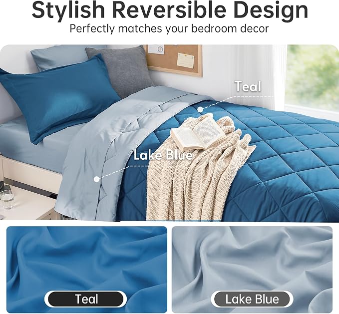 5 Pieces Twin XL Comforter Set, Reversible Bed in a Bag Twin XL Size, All Season Bedding Set with Comforter, Flat Sheet, Fitted Sheet, Pillowcases & Shams, Teal & Lake Blue