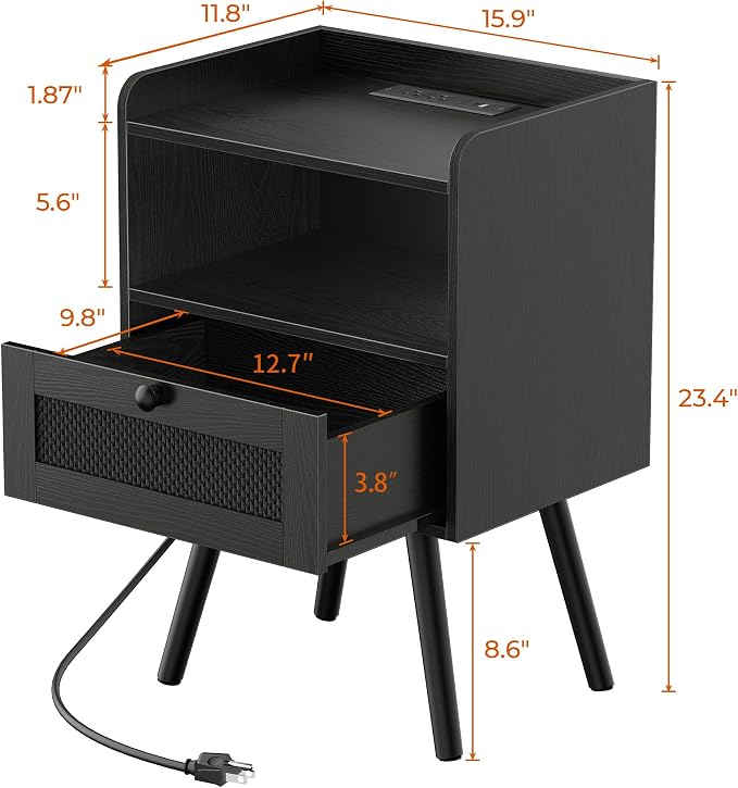 SUPERJARE Nightstands with Charging Station, Set of 2, All Black | Bedside Table with Texilene Surface Drawers, Rattan Side Table with Storage & Solid Wood Feet, End Table for Bedroom