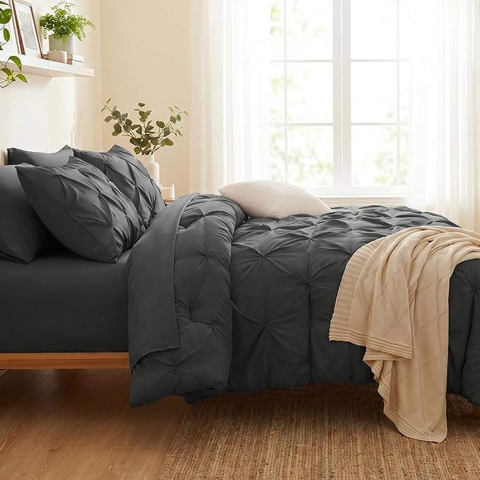 Twin XL Comforter Set Dark Grey, 5 Pieces Pintuck Bed in a Bag | College Dorm Essentials, OEKO-TEX 100 Certified, 240GSM All Season, Down-Alternative Comforter, Sheets, Pillowcase & Sham
