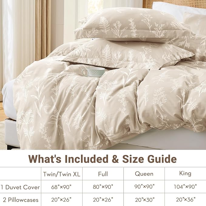 MUXHOMO Duvet Cover King Size, Reversible Floral Beige Duvet Cover Set with Zipper Closure, 3 Pieces Botanical Patterns Soft Microfiber Bedding Set (90"x104", 2 Pillow Cases 20"×36")