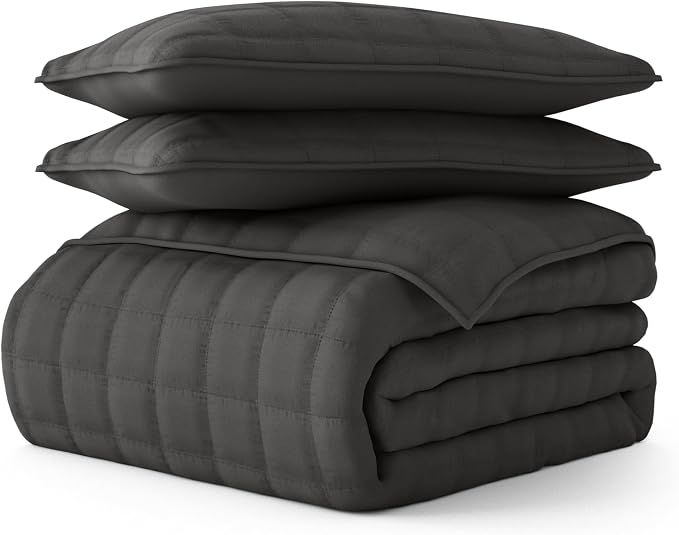 Merit Linens Classic Quilt Coverlet Soft Set in Square Stitching - King/Cal-King Gray