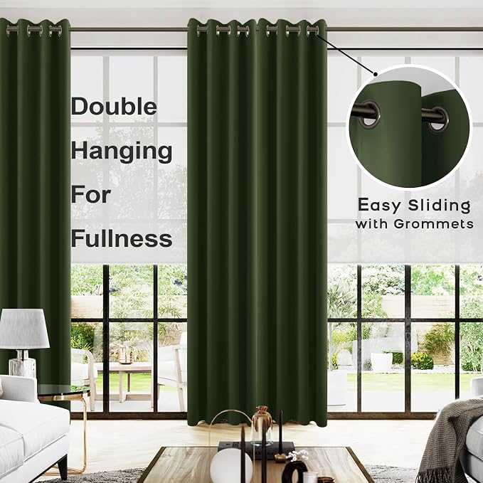 KOUFALL Olive Green Curtains 96 Inches Long 2 Panel Set,Blackout Dark Antique Bronze Gold Grommet Room Darkening Black Out Vintage Curtains for Living Room