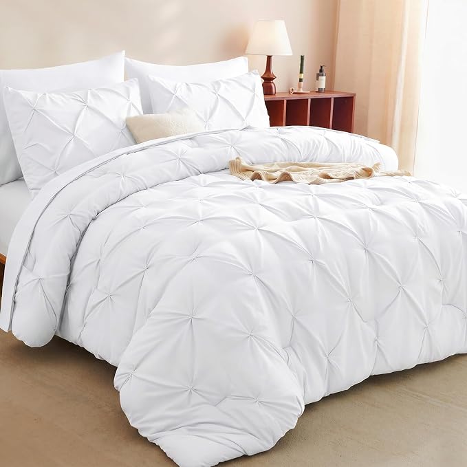 HIMEET Twin Comforter Set White - 5 Pieces Pintuck Bed in a Bag | OEKO-TEX Certified, 240GSM Down Alternative Comforter, 14" Deep Pocket Fitted Sheet + Flat Sheet + 1 Pillowcase + 1 Sham