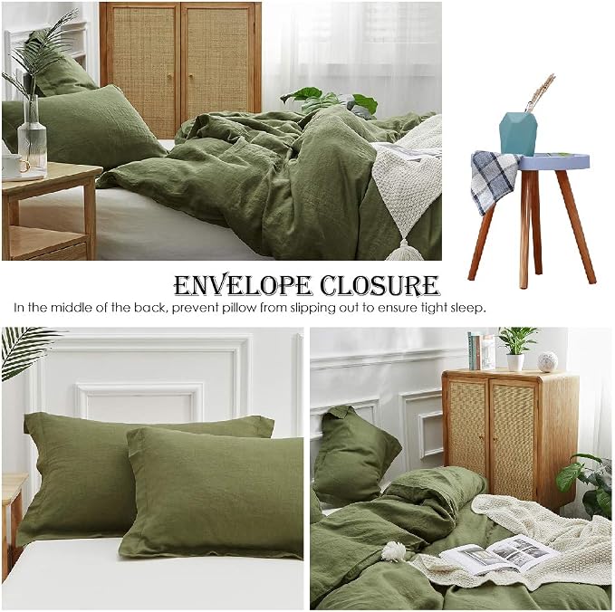 Simple&Opulence 100% Linen Duvet Cover Set 3pcs Basic Style Natural French Washed Flax Solid Color Soft Breathable Farmhouse Bedding with Button Closure - Olive Green, Queen