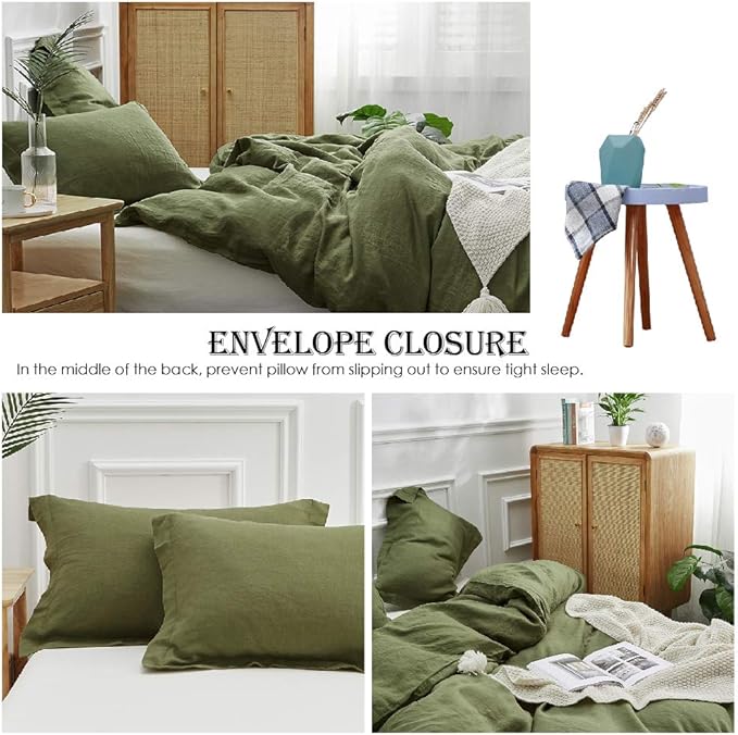 Simple&Opulence 100% Linen Duvet Cover Set 3pcs Basic Style Natural French Washed Flax Solid Color Soft Breathable Farmhouse Bedding with Button Closure - Olive Green, Full