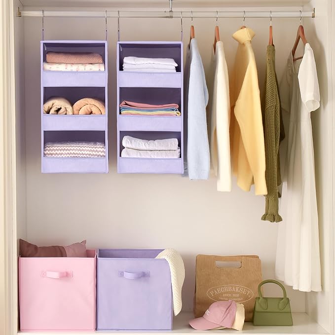 GRANNY SAYS 3-Shelf Hanging Closet Organizer, Foldable Storage, Purple | 33 lb Capacity, No-Sag Support, Keeps Clothes Neat, Folds Flat, Fits RV, Dorm & Small Closets, 2 Pack