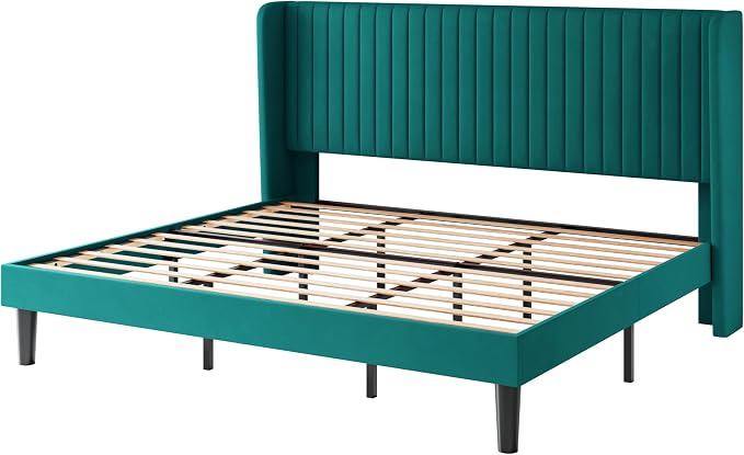 SHA CERLIN King Size Velvet Bed Frame, Tufted Wingback Headboard, Teal | 47'' Modern Vertical Channel Headboard, Upholstered Platform Bed, Wood Slats, No Box Spring Needed, Easy Assembly, Noise Free