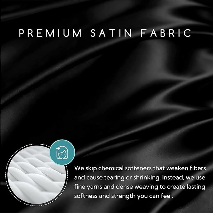 MR&HM Satin Sheets Queen Size with Elastic Corner Straps, Black | Similar to Silk, 4-Piece Silky Soft Bed Sheet Set, Gentle on Skin and Hair, 15" Deep Pocket, Cooling & Breathable