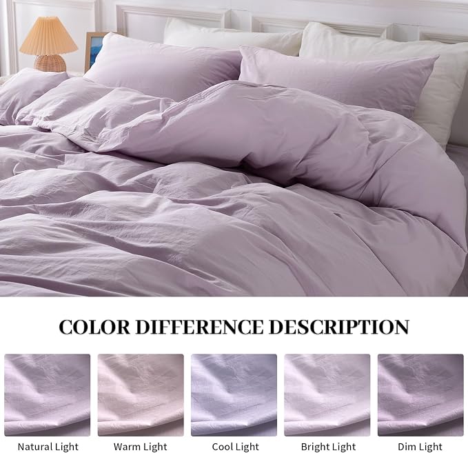 NEXHOME PRO Duvet Cover Set 100% Washed Cotton Oversized Queen 98"x98", Organic Natural Linen Look Textured 3 Pieces Bedding Set Lavender Lilac with Zipper Closure, Breathable, Soft (No Comforter)