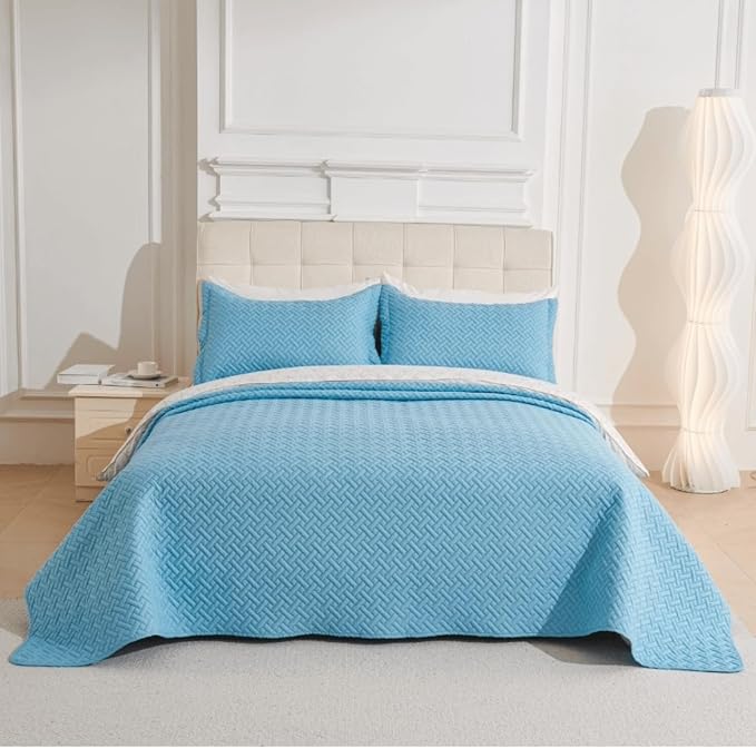 Legacy Decor Bedspread Coverlet 3 Pcs Set Oversized 100" W x 106" L Queen Size Blue Color