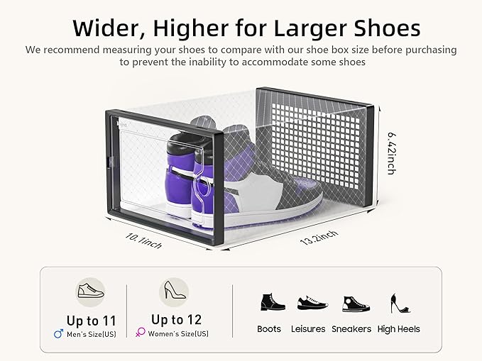 Kuject X-Large Shoe Storage Boxes 12 Pack, Clear Stackable Shoe Organizer | Shoe Case for Closet, Entryway & Under-Bed Storage, Drop-Front Design, Space-Saving Solution for Family Organization,Black