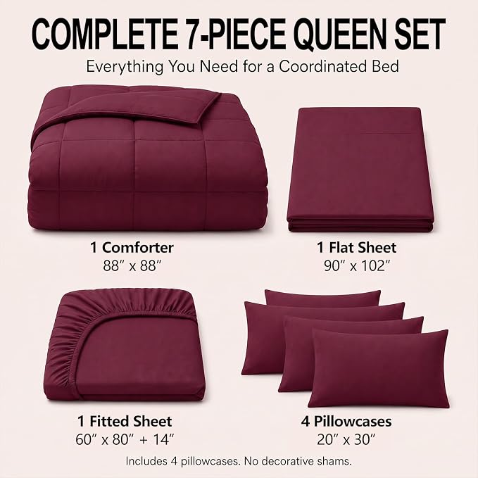 Queen Comforter Set Burgundy - 7 Pieces Bed in a Bag | OEKO-TEX Certified, All-Season, Bedroom, Guest Room, Down-Alternative Comforter + Flat & Fitted Sheets + 4 Pillowcases