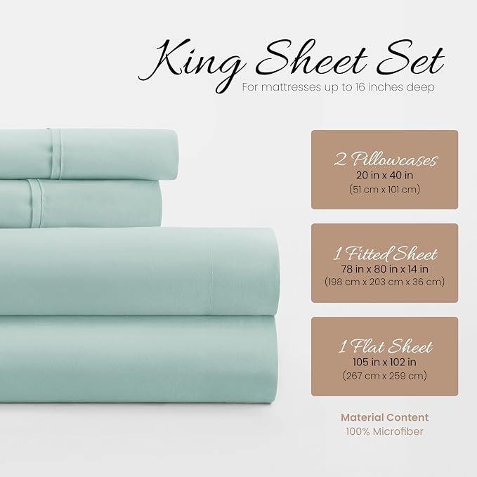 Linen Market Brushed Microfiber King Sheet Set 4 Piece – Oeko-TEX Certified Ultra Soft & Wrinkle-Free - 16" Deep Pocket Sheets - Easy Care King Size - Aqua