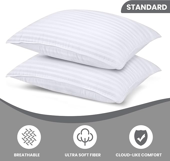 Utopia Bedding Bed Pillows for Sleeping, Pillows Standard Size Set of 2 | Down alternative pillows, cooling hotel quality, luxury comfort for back, side & stomach sleepers, Premium Stripes, White