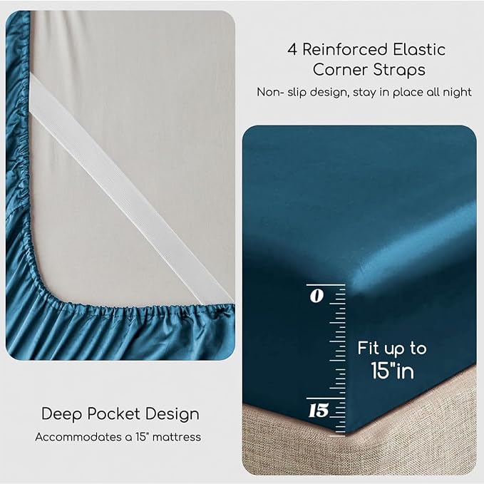 MR&HM Satin Sheets Twin XL Size with Elastic Corner Straps, Teal | Similar to Silk, 3-Piece Silky Soft Bed Sheet Set, Gentle on Skin and Hair, 15" Deep Pocket, Cooling & Breathable