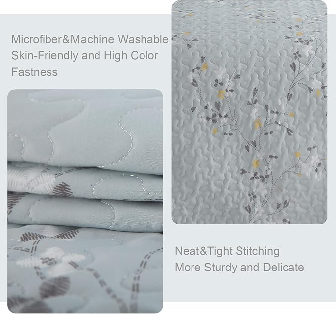 Exclusivo Mezcla Reversible Boho Quilt King Size Light Blue | Lightweight Soft Bedspreads, All Season Flowers Coverlet Bedding Set, Printed Floral Pattern, 1 Quilt and 2 Pillow Shams