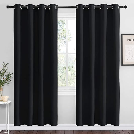NICETOWN Black Blackout Curtains for Living Room 55" w x 78" L 2 Panels | Light Reducing Thermal Insulated Solid Grommet Panels Drapes, Room Darkening Noise Reducing Window Treatments Home Decor