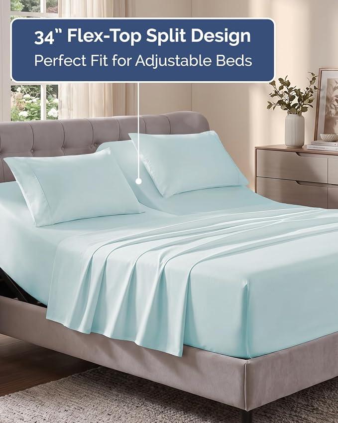 Flex Top Split Head King Sheet Set - 4 Piece Extra Deep Sheets - Ice Blue | Easily Fits 18 to 24 inch Mattress, Ultra Soft, Wrinkle & Fade Free with Extra Deep Pockets, Comfy Hotel Luxury Bedding