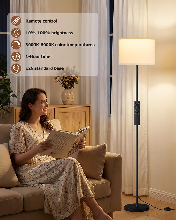 Ambimall Dimmable Floor Lamp with Remote, 9W 900LM LED Bulb Included | White Shade Black Pole, Lamps for Living Room Bedroom