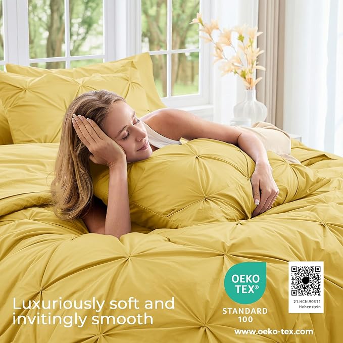 Sasttie Queen Comforter Set, 7-Piece Bed in a Bag, Pintuck Bedding Sets for All Season, Includes Comforter, Flat Sheet, Fitted Sheet, Pillowcases and Pillowshams, Mustard Yellow