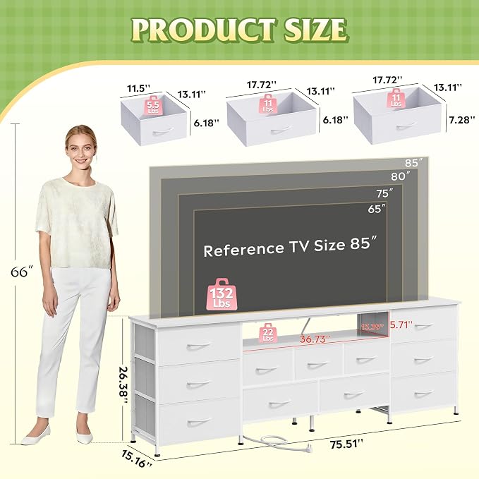 WLIVE Long LED Dresser TV Stand for 85 Inch TV, 11 Drawers, White | Fits TVs up to 85 inch, 11 fabric drawers, LED chest of drawers, Built-in power outlet, Living room or bedroom