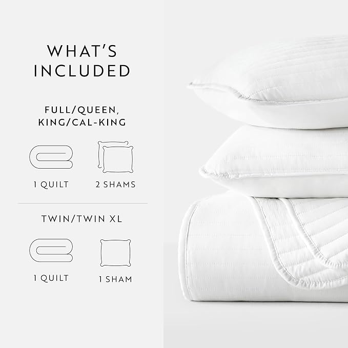 Merit Linens Modern Quilt Coverlet Soft Set in Stripe Stitching - Twin/TwinXL White