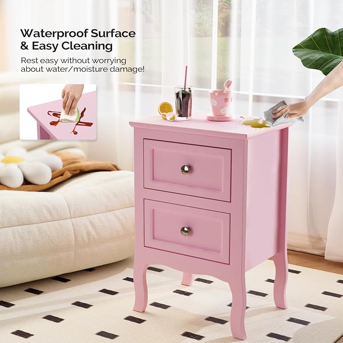 Bonnlo Nightstand with 2 Drawers, Night Stands for Bedrooms, Small Bed Side Table/White Night Stand with Drawers for Small Spaces, College Dorm, Kids’ Room, Living Room, French, 16W x 12D x 24H, Pink