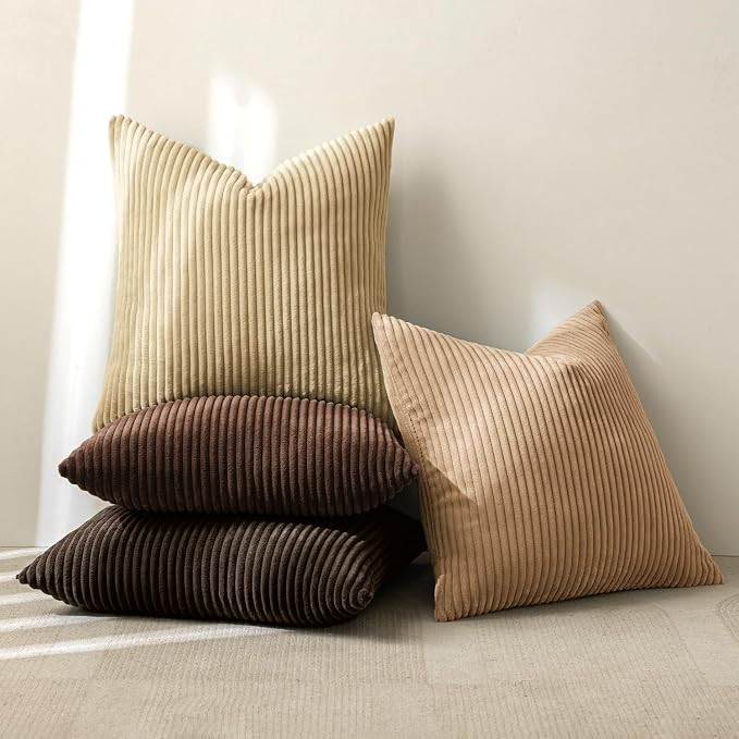MIULEE Fall Corduroy Decorative Throw Pillow Covers Dark Brown 18x18 | Set of 4, Mordern Rustic Fall Decor, Rich Deep Brown Palette, Boho Farmhouse Cushion Covers for Couch Bed Sofa Living Room
