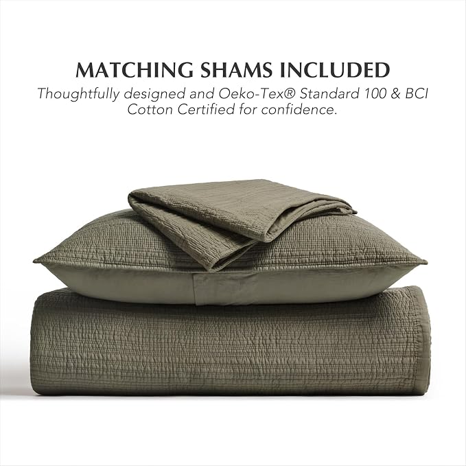 EVERGRACEHOME Cotton Sateen Channel Quilt Set, King Size, Moss Green | 100% Cotton, Pre-Washed Soft Coverlet Bedspread, 3-Piece Refined Channel Stitch Bedding Set for All Season, 2 Pillow Shams
