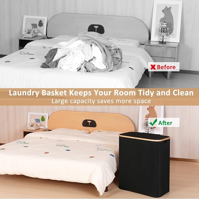 IEGrow Laundry Hamper with Lid,150L Laundry Basket with 2 Mesh Bags,Black | Dirty Clothes Hamper Basket with Bamboo Handle for Clothes Towels