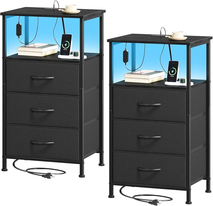 Somdot Nightstands Set of 2 with 3 Drawers, Charging Station & LED Light | Open-Shelf End Tables for Bedside, Small Spaces, Bedroom, Entryway and Hallway, Black
