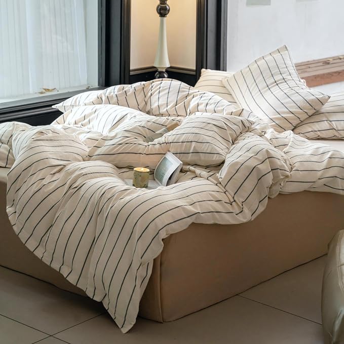 Striped Comforter Set Queen Size Grey Stripes Pattern Printed Comforter 3 Pieces Lightweight Boho Bedding Comforter Set for All Seasons Breathable Soft Fluffy Beige Comforter with 2 Pillowcases