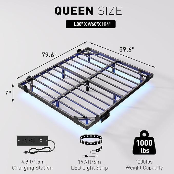 qimamo Floating Queen Bed Frame, 7 Inch Metal Platform Bed with Smart LED Lights & Charging Station, Easy Assembly, No Box Spring Needed
