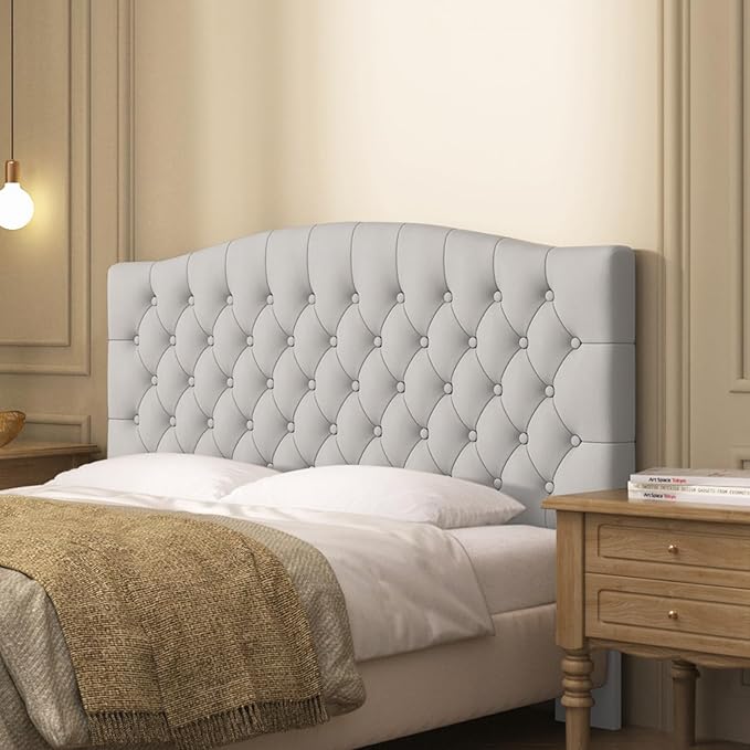 Furpopup Velvet Queen Size Headboard Only Upholstered Wall Mount Light Gray | 2 ways to use:Wall-mounted (for adjustable bed) and bed frame mounted, Easy to assemble, Classic button design headboard