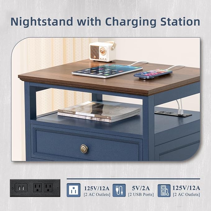 Joaxswe Farmhouse Nightstand Set of 2 with Charging Station, 24" Wide End Table with 2 Drawers,Wood Dresser for Bedroom,Bed Side Table Chest of Drawers Cabinet,Navy BlueNight Stand for Living Room