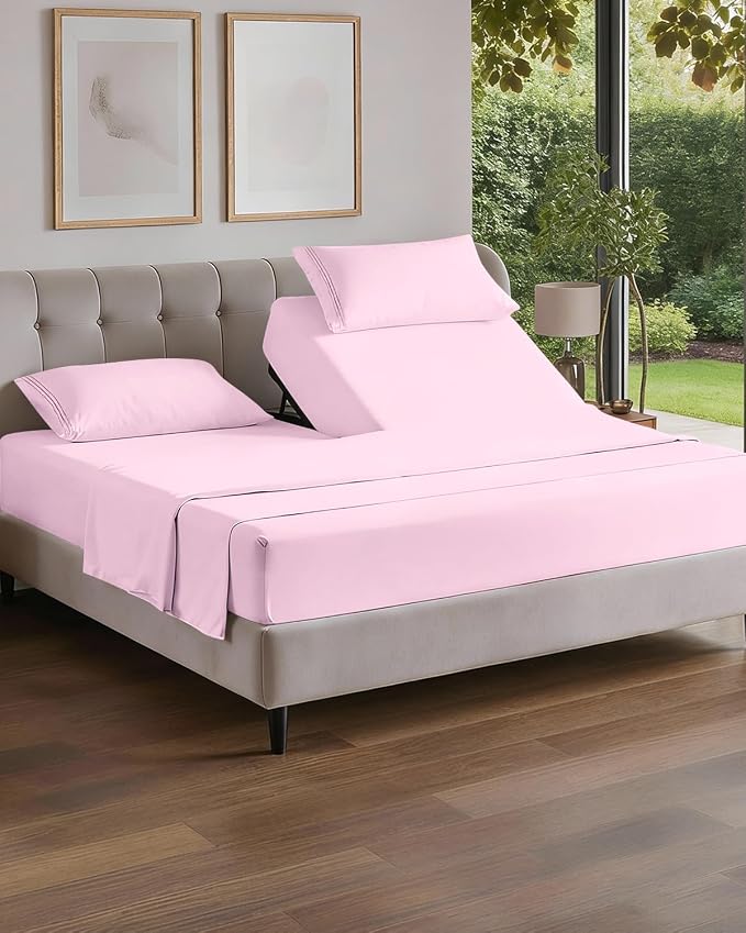 Flex Top Split Head King 4 Piece Sheet Set - Soft & Breathable - Light Pink | Cooling Bed Sheets Set, Hotel Luxury Bedding for Women & Men with Deep Pockets, Wrinkle Free & Fade Resistant, Oeko-Tex