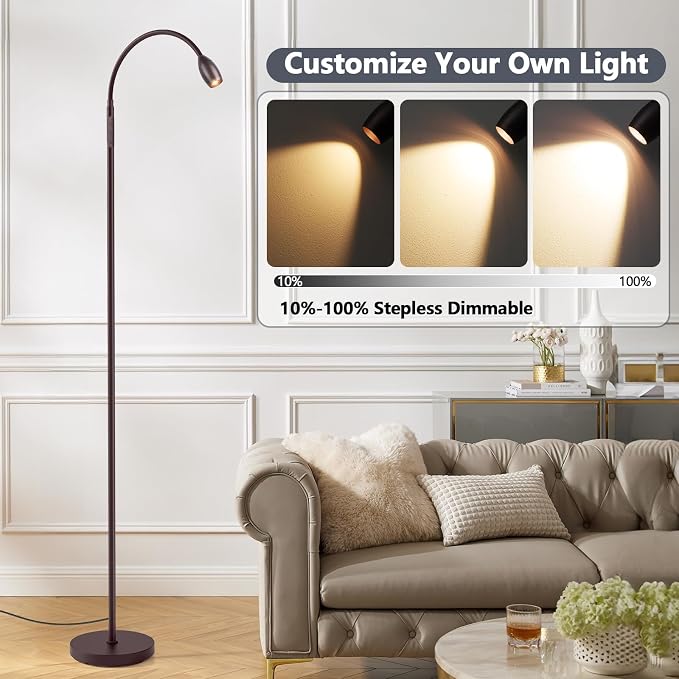 Reading Floor Lamp, 72" LED Dimmable Lamp with Gooseneck,Zoomable Spotlight | Adjustable Color Beam Standing Lamp, Touch & Remote Control, Task Craft, Sewing, Bedroom Living Room,Office,Oil-Rubbed Bronze