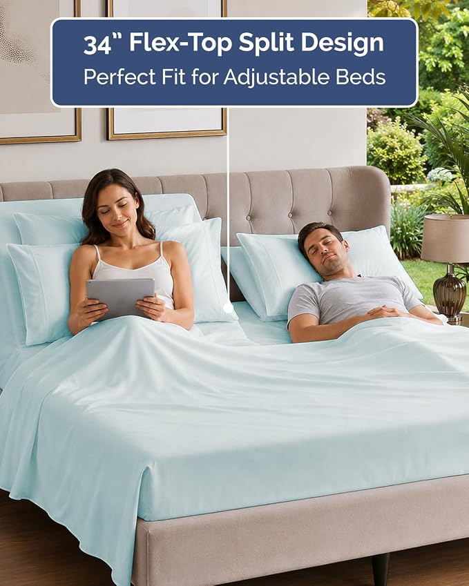 Flex Top Split Head King 6 Piece Sheet Set - Soft & Cooling - Ice Blue | Ultra Soft Hotel Luxury Bedding Set w/ 8-16 Inch Deep Pockets, 1 Flat & 1 Split-Head Fitted Sheet & 4 Pillowcases, Fade Free