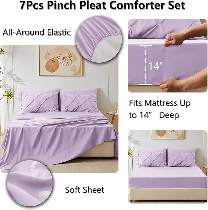 HIMEET Queen Comforter Set Lavender - 7 Pieces Pintuck Bed in a Bag | OEKO-TEX Certified, 240GSM Down Alternative Comforter, 14" Deep Pocket Fitted Sheet + Flat Sheet + 2 Pillowcases + 2 Shams