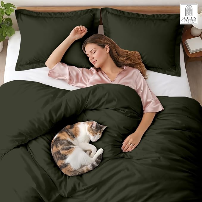 Kotton Culture 3 Pc Duvet Cover Queen Size/Full Size Set-100% Egyptian Cotton 600 Thread Count Ultra Soft Premium Durable Comforter Cover Zipper Closure & Corner Ties- (Olive Green, 90" X 90")