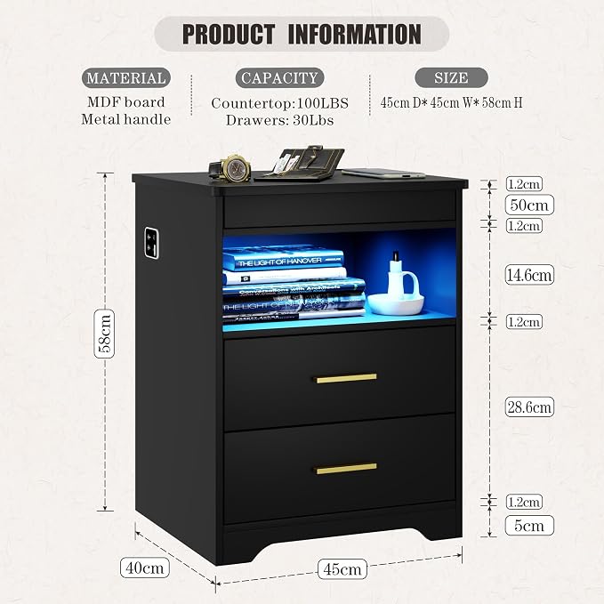 FREDEES LED Nightstand with Gun Drawer & Charging Station | 3-Color Lights & Human Body Sensor, Smart USB Type-c, 2 Drawers Hidden Storage, End Table Bedroom Livingroom
