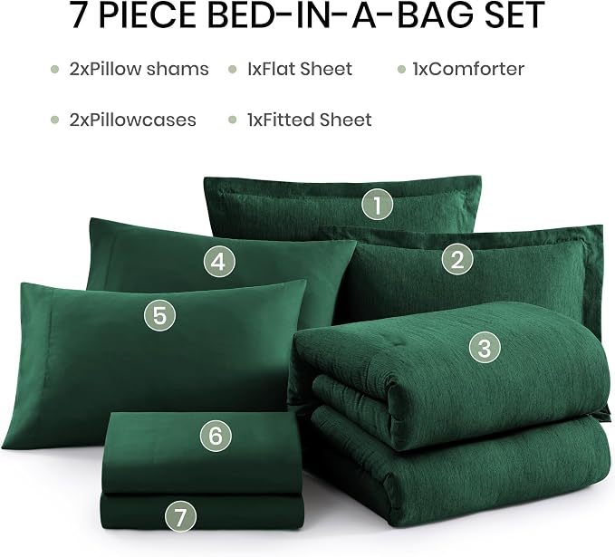 Monbix Queen Size Comforter Set 7 Pieces Emerald Green Bed in a Bag | Cationic Dyeing Reversible All Season Bedding Sets with Comforter, Sheets, Pillowcases & Shams